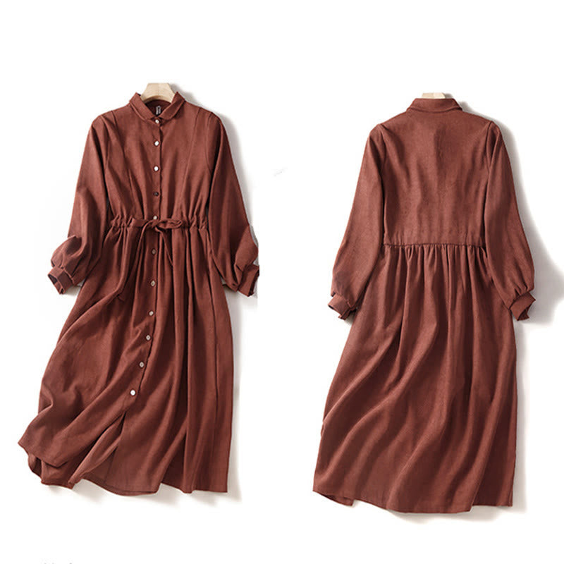 Buddha Stones Fall Solid Color Buttons Down Lace-up Design Long Sleeve Midi Dress With Pockets - image 12