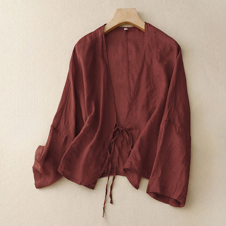 Buddha Stones Summer Plain Long Sleeve Lace-up Open Front Women's Kimono - DarkRed - US12，UK/AU16，EU44 (XL) - image 0