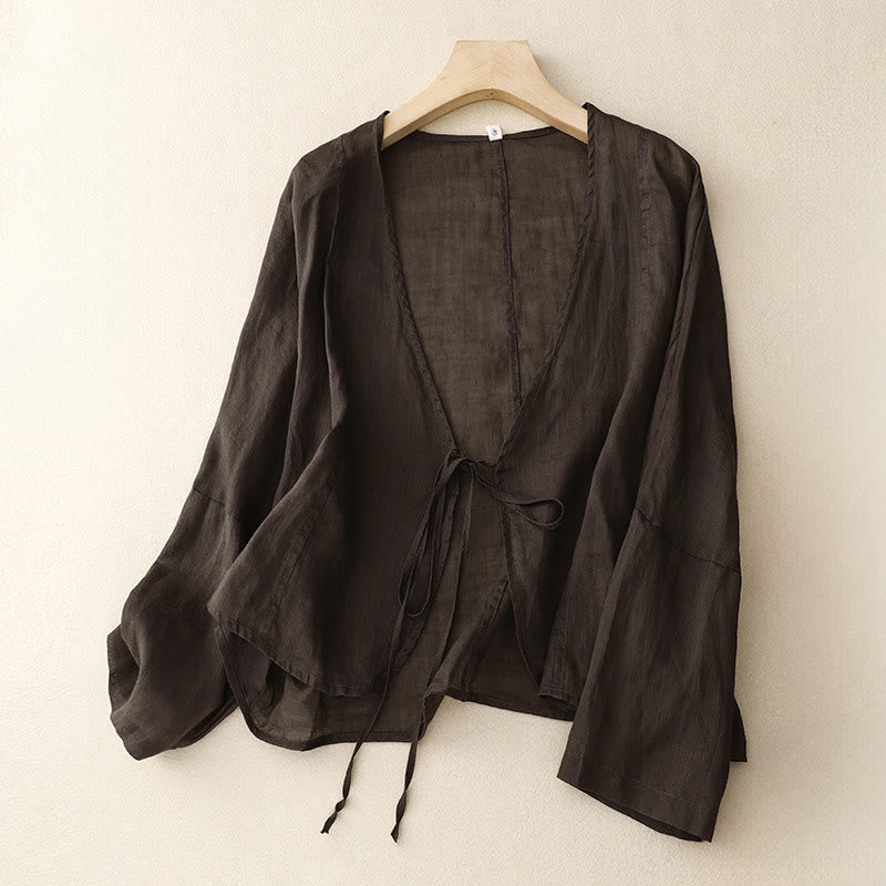 Buddha Stones Summer Plain Long Sleeve Lace-up Open Front Women's Kimono - SaddleBrown - US12，UK/AU16，EU44 (XL) - image 12