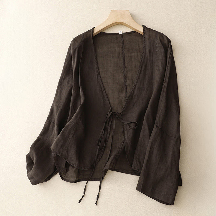 Buddha Stones Summer Plain Long Sleeve Lace-up Open Front Women's Kimono - SaddleBrown - US12，UK/AU16，EU44 (XL) - image 12