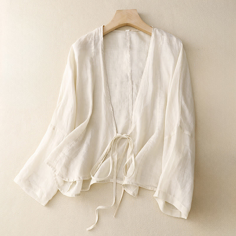 Buddha Stones Summer Plain Long Sleeve Lace-up Open Front Women's Kimono - Linen - US12，UK/AU16，EU44 (XL) - image 6