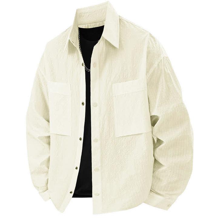 Buddha Stones Spring Solid Color Textured Long Sleeve Button Men's Lapel Shirts With Pocket - LightYellow - US/UK/AU46，EU56 (3XL) - image 11
