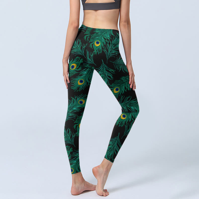 Buddha Stones Retro Peacock Feather Pattern Print Gym Leggings Women's Yoga Pants - image 4
