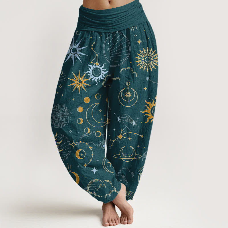 Buddha Stones Cotton Moon Sun Cloud Star Constellation Pattern Women's Elastic Waist Harem Pants - Teal - US16，UK/AU20，EU48 (3XL) - image 5