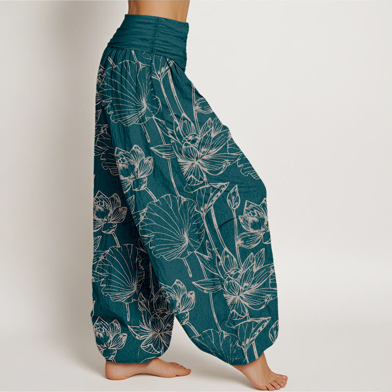Buddha Stones Cotton Elegant Refined Lotus Flower Leaf Pattern Women's Elastic Waist Harem Pants - image 2