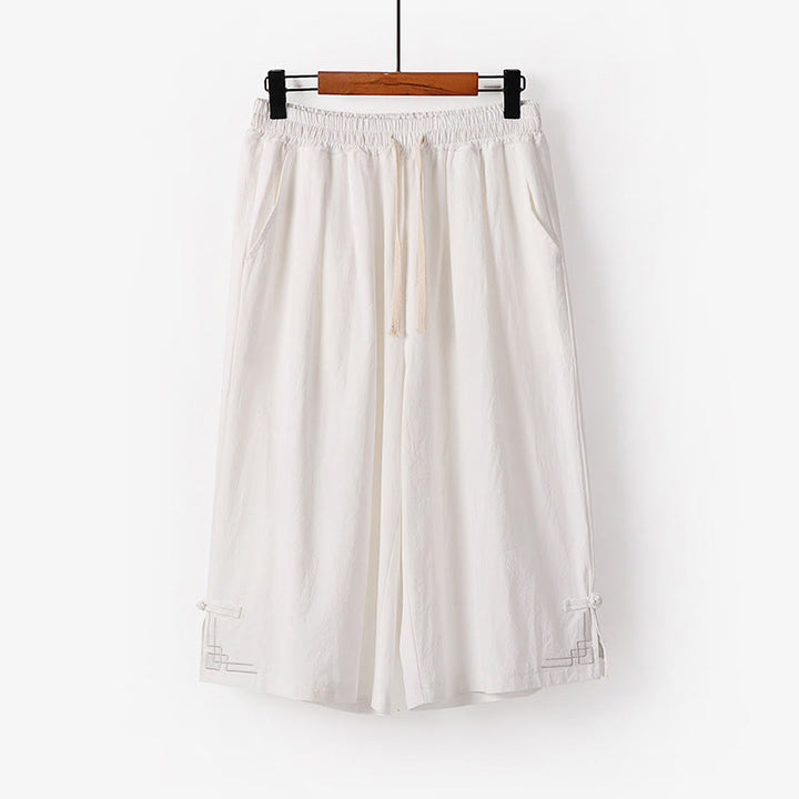 Buddha Stones Plain Drawstring Design Men's Capri Cropped Cotton Linen Wide Leg Pants With Pockets - White - US/UK/AU54，EU64 (9XL) - image 10