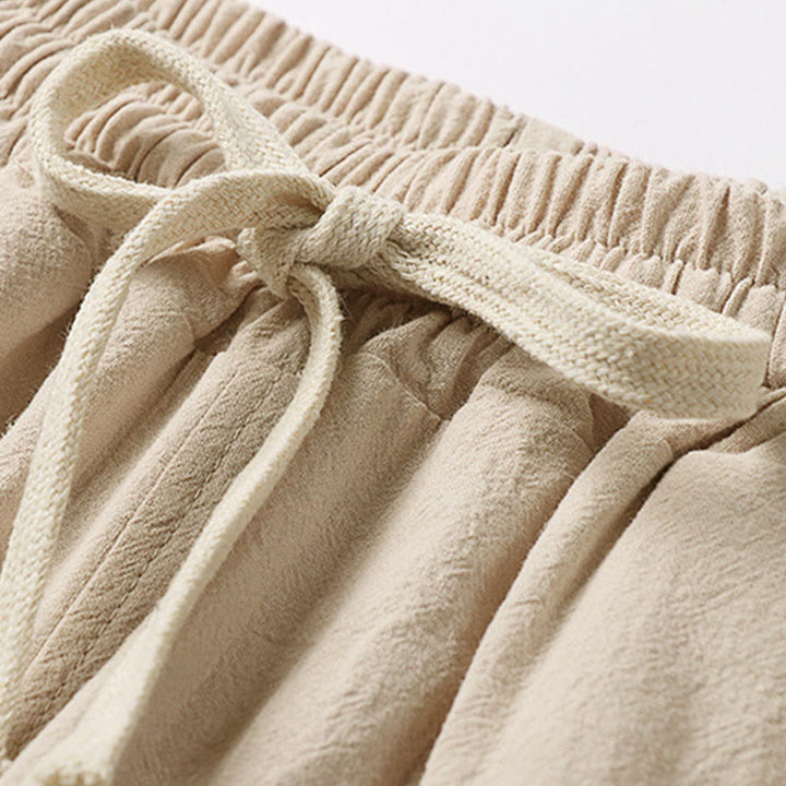 Buddha Stones Plain Drawstring Design Men's Capri Cropped Cotton Linen Wide Leg Pants With Pockets - image 4