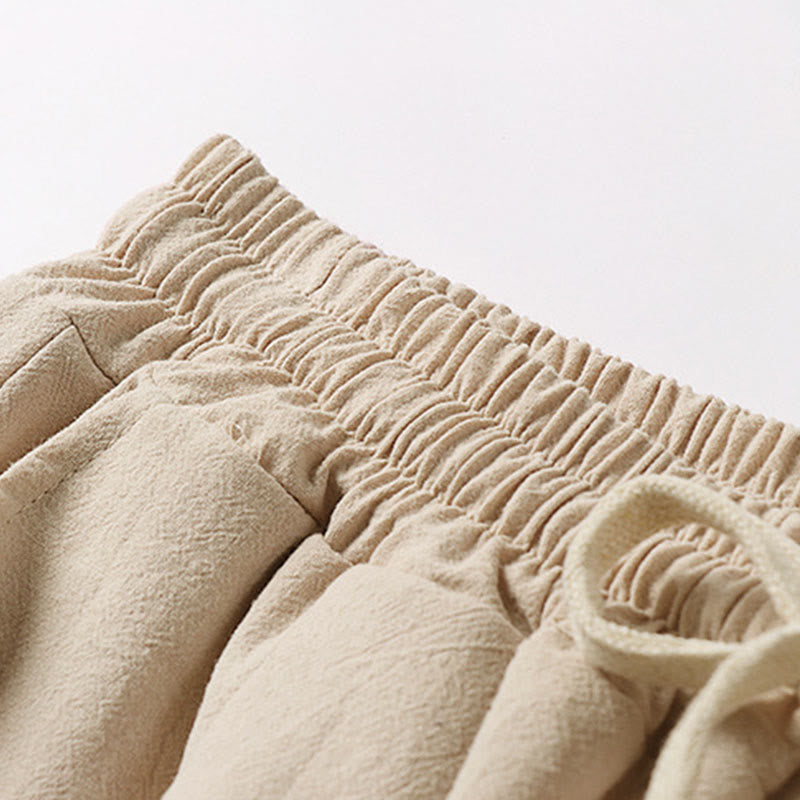 Buddha Stones Plain Drawstring Design Men's Capri Cropped Cotton Linen Wide Leg Pants With Pockets - image 3