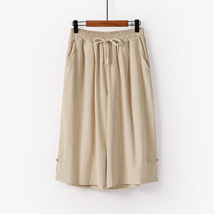 Buddha Stones Plain Drawstring Design Men's Capri Cropped Cotton Linen Wide Leg Pants With Pockets - Beige - US/UK/AU54，EU64 (9XL) - image 2