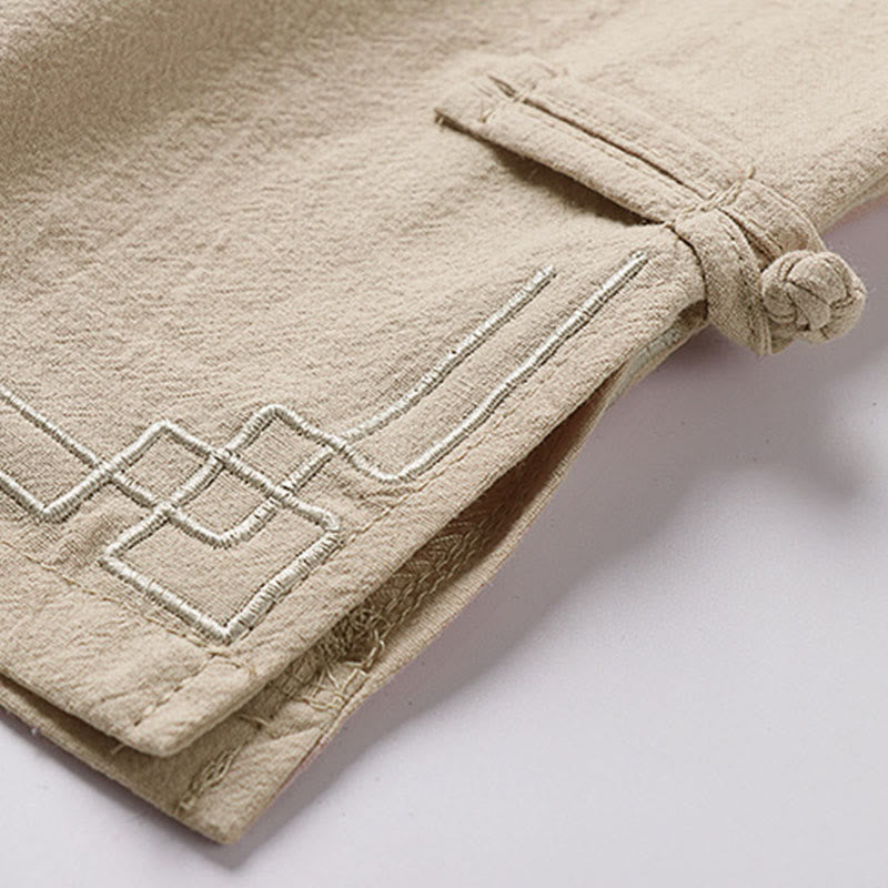 Buddha Stones Plain Drawstring Design Men's Capri Cropped Cotton Linen Wide Leg Pants With Pockets - image 8