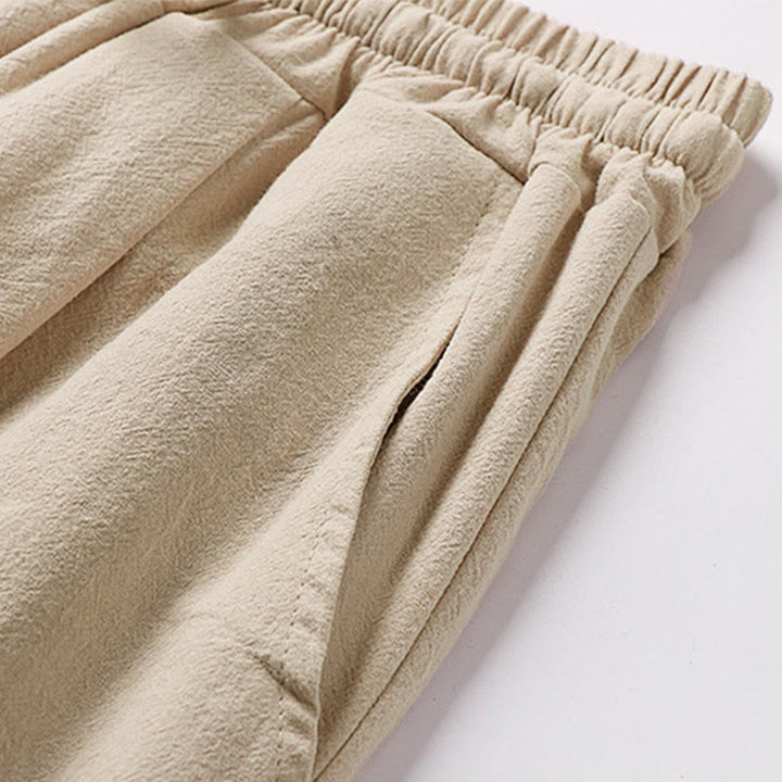 Buddha Stones Plain Drawstring Design Men's Capri Cropped Cotton Linen Wide Leg Pants With Pockets - image 5