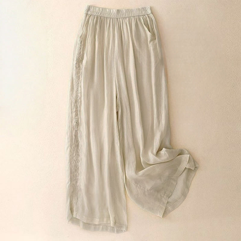 Buddha Stones Side Embroidery Design Women's 7-8 Length Wide Leg Pants With Pockets - LemonChiffon - US12，UK/AU16，EU44 (3XL) - image 5