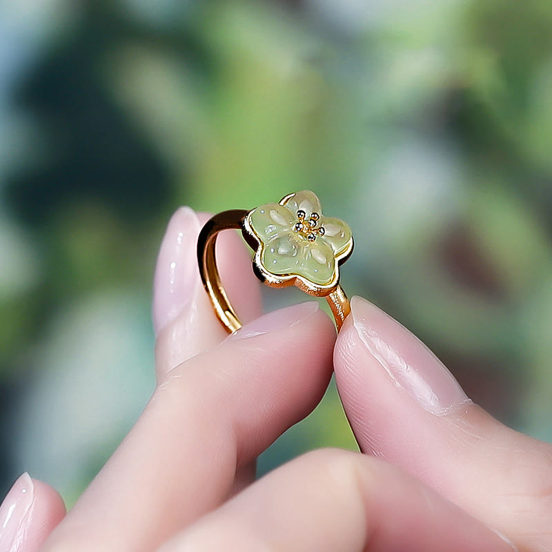 Buddha Stones Plum Blossom Hetian Jade Copper Luck Ring - image 7