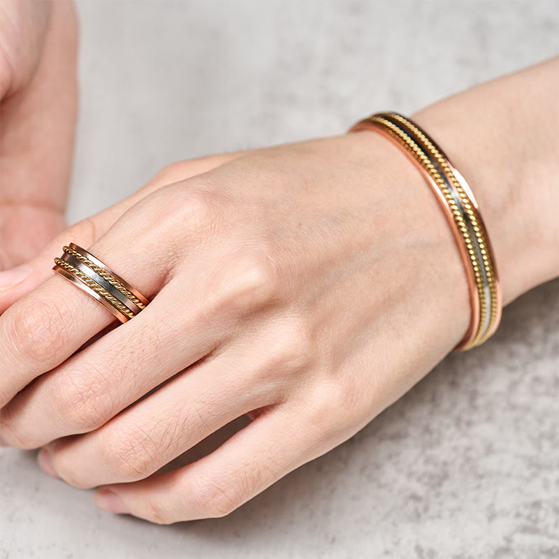 Buddha Stones Retro Twisted Design Copper Open Wealth Luck Cuff Bracelet Bangle Ring - image 4