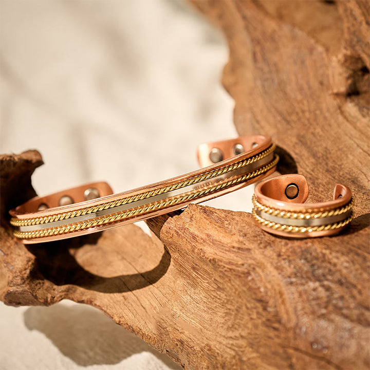 Buddha Stones Retro Twisted Design Copper Open Wealth Luck Cuff Bracelet Bangle Ring - image 3