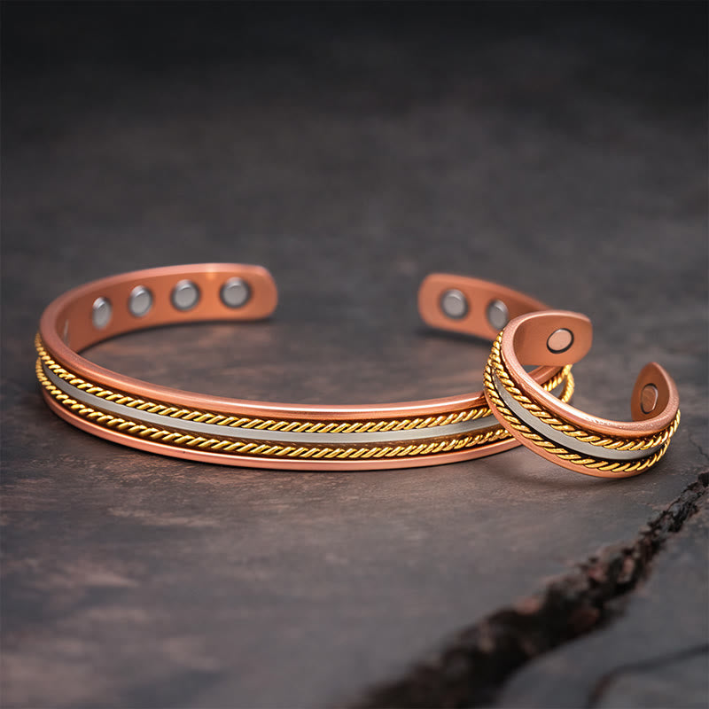 Buddha Stones Retro Twisted Design Copper Open Wealth Luck Cuff Bracelet Bangle Ring - One Bracelet&One Ring - image 1