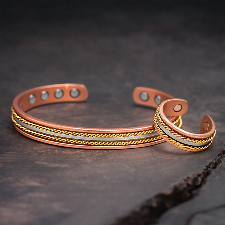 Buddha Stones Retro Twisted Design Copper Open Wealth Luck Cuff Bracelet Bangle Ring - One Bracelet&One Ring - image 1