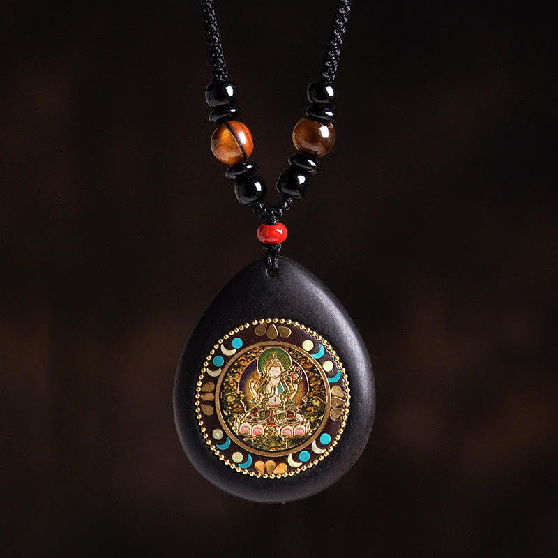 Buddha Stones Chinese Zodiac Natal Buddha Ebony Wood Tiger Eye Black Onyx Calm Necklace Pendants - Horse-Mahasattva Bodhisattva - image 0