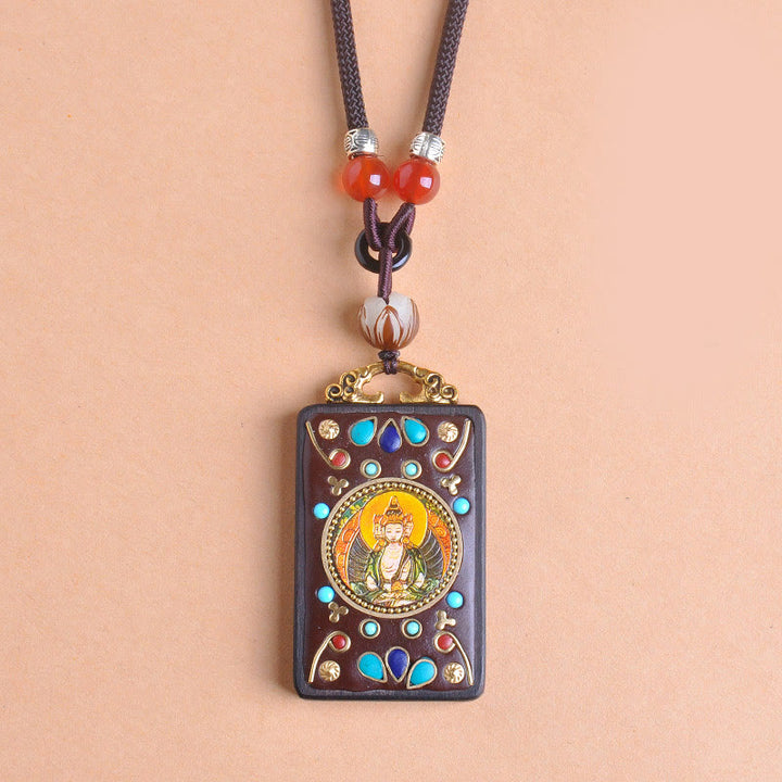 Buddha Stones Thangka Yin Yang Copper Coins Ebony Wood Zakiram Balance Pendant Necklace - image 13