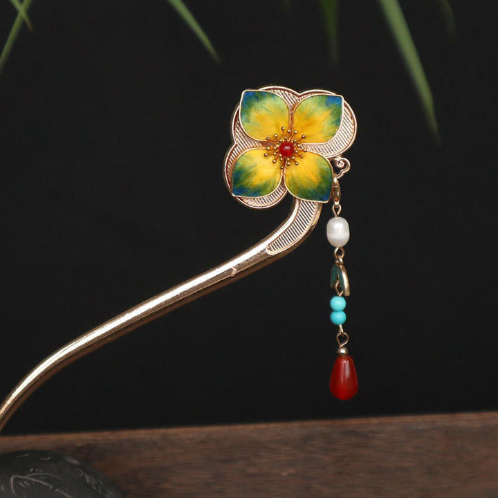 Buddha Stones Red Agate Turquoise Bead Calm Confidence Velvet Flower Tassel Hairpin - Velvet Flower Tassel - image 0