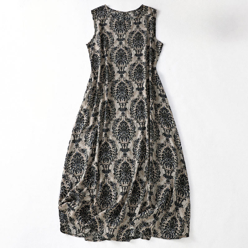 Buddha Stones Commute Summer Printing Simple Design Crew Neck Sleeveless Maxi Dress - Black - US14，UK/AU18，EU46 (2XL) - image 10