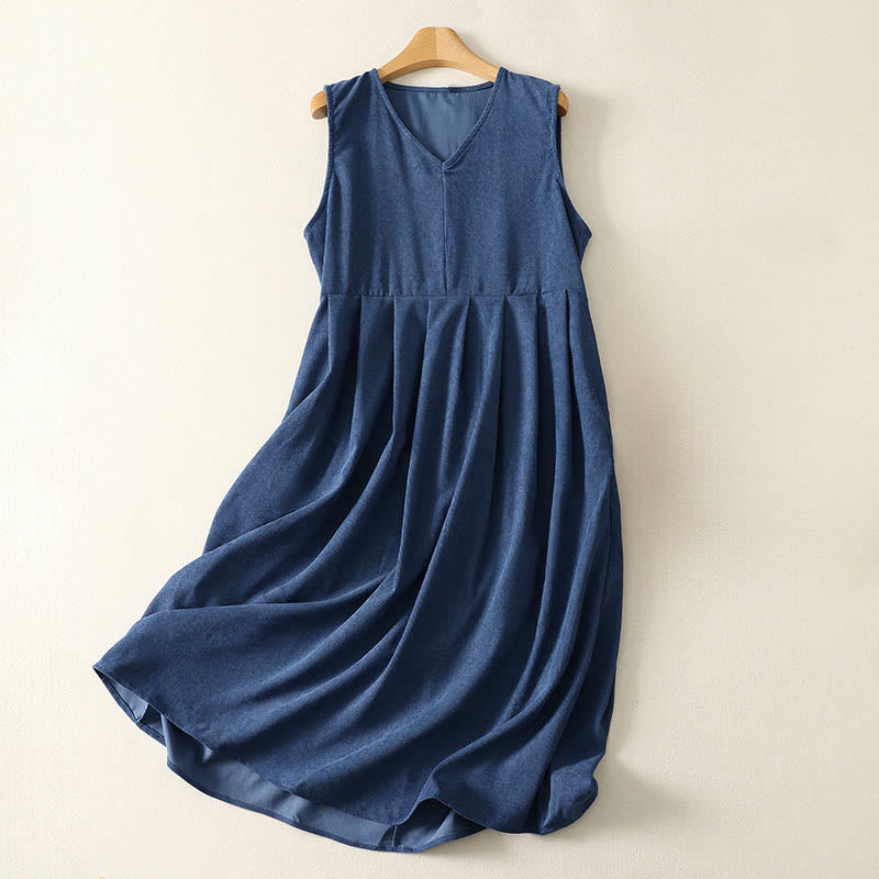 Buddha Stones Spring Retro DarkBlue Plain Sleeveless Midi Dress With Pockets - DarkBlue - US8-10，UK/AU12-14，EU40-42 (XL) - image 0