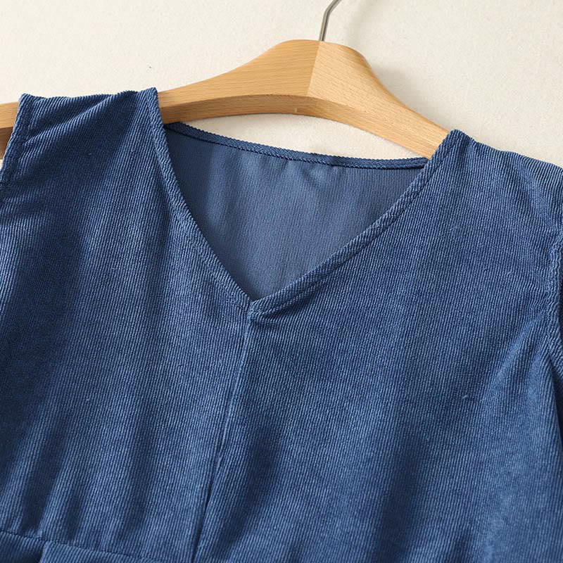 Buddha Stones Spring Retro DarkBlue Plain Sleeveless Midi Dress With Pockets - image 2