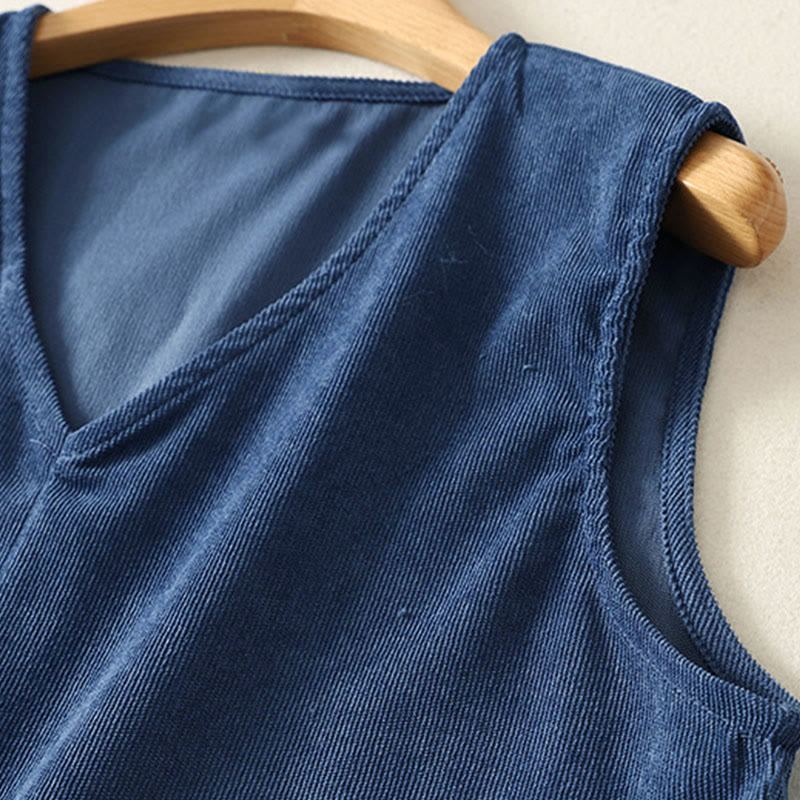 Buddha Stones Spring Retro DarkBlue Plain Sleeveless Midi Dress With Pockets - image 4