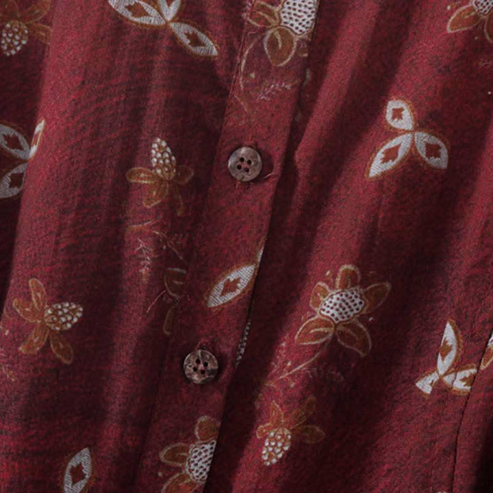 Buddha Stones Summer Printing Floral Button Lace-Up Design Half Sleeve Midi Dress With Pockets - image 4