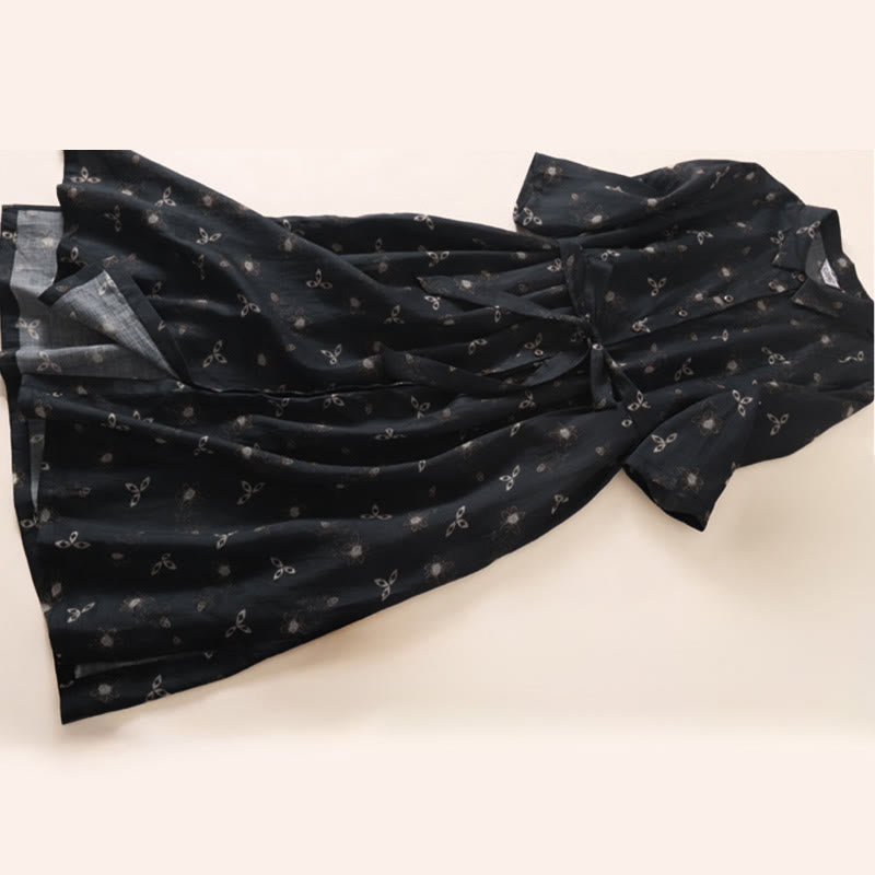 Buddha Stones Summer Printing Floral Button Lace-Up Design Half Sleeve Midi Dress With Pockets - image 12