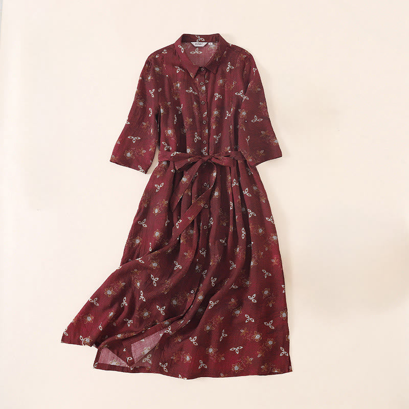 Buddha Stones Summer Printing Floral Button Lace-Up Design Half Sleeve Midi Dress With Pockets - DarkRed - US12，UK/AU16，EU44 (3XL) - image 0
