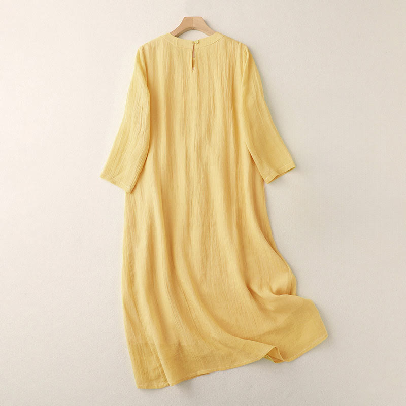 Buddha Stones Commute Solid Color Embroidery Double Layer Crew Neck Long Sleeve Cotton Midi Dress - image 1