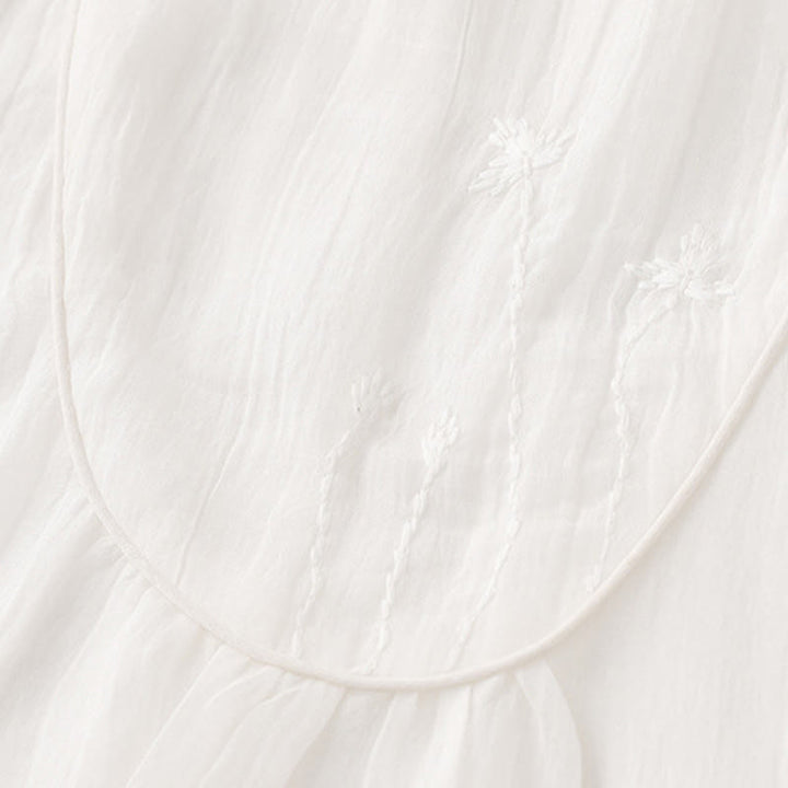 Buddha Stones Commute Solid Color Embroidery Double Layer Crew Neck Long Sleeve Cotton Midi Dress - image 7