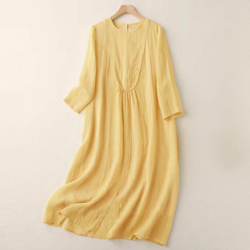 Buddha Stones Commute Solid Color Embroidery Double Layer Crew Neck Long Sleeve Cotton Midi Dress - Gold - US8-10，UK/AU12-14，EU40-42 (2XL) - image 0