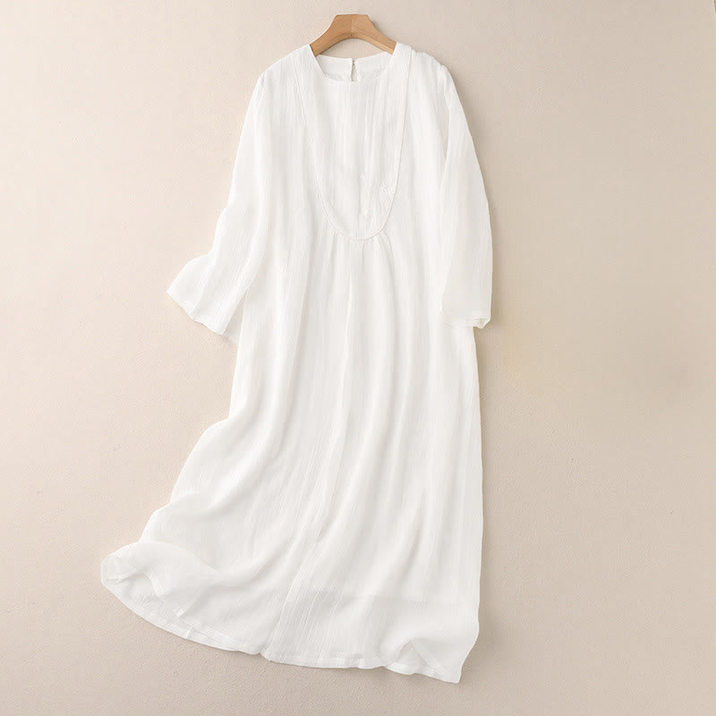 Buddha Stones Commute Solid Color Embroidery Double Layer Crew Neck Long Sleeve Cotton Midi Dress - White - US8-10，UK/AU12-14，EU40-42 (2XL) - image 4