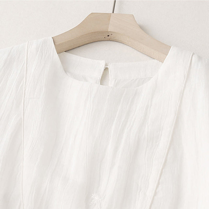 Buddha Stones Commute Solid Color Embroidery Double Layer Crew Neck Long Sleeve Cotton Midi Dress - image 6