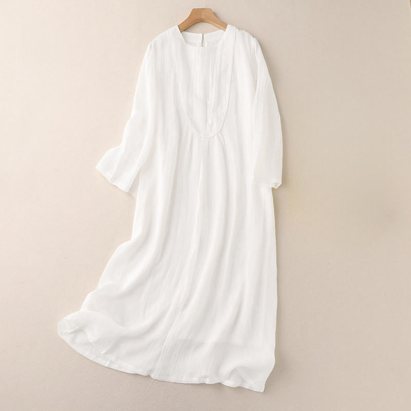 Buddha Stones Commute Solid Color Embroidery Double Layer Crew Neck Long Sleeve Cotton Midi Dress - White - US8-10，UK/AU12-14，EU40-42 (2XL) - image 4