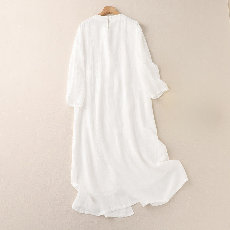 Buddha Stones Commute Solid Color Embroidery Double Layer Crew Neck Long Sleeve Cotton Midi Dress - image 5