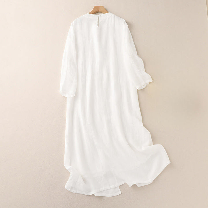 Buddha Stones Commute Solid Color Embroidery Double Layer Crew Neck Long Sleeve Cotton Midi Dress - image 5