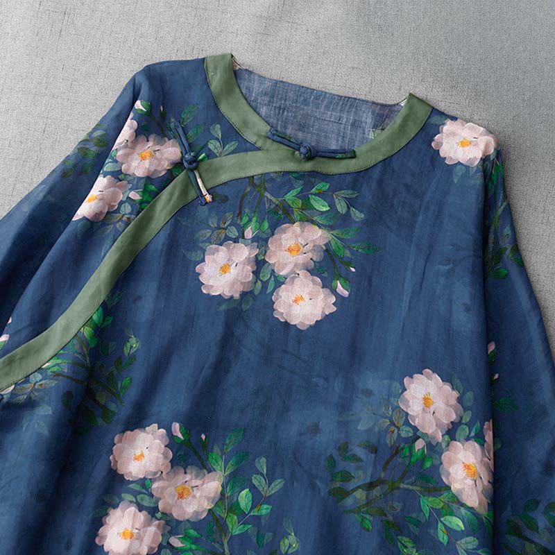 Buddha Stones Frog-Button Orchid Pomegranate Flowers Pattern Side Slit Design Half Sleeve Midi Dress - image 13