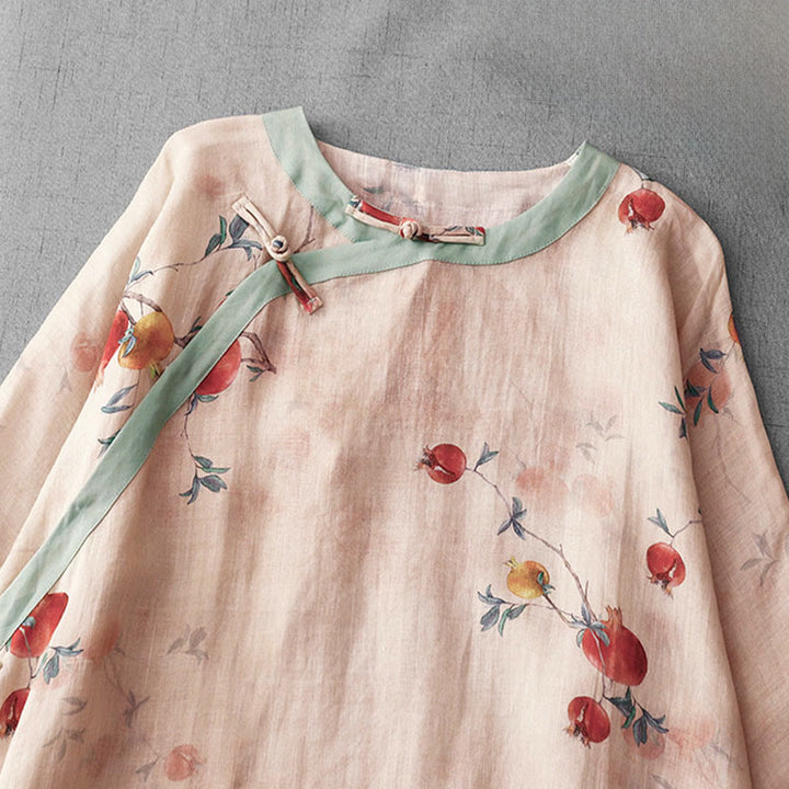 Buddha Stones Frog-Button Orchid Pomegranate Flowers Pattern Side Slit Design Half Sleeve Midi Dress - image 3