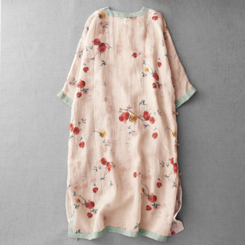 Buddha Stones Frog-Button Orchid Pomegranate Flowers Pattern Side Slit Design Half Sleeve Midi Dress - image 2