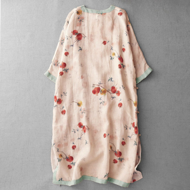 Buddha Stones Frog-Button Orchid Pomegranate Flowers Pattern Side Slit Design Half Sleeve Midi Dress - image 2