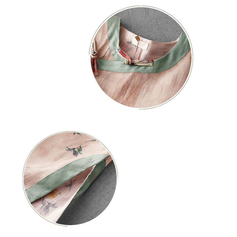 Buddha Stones Frog-Button Orchid Pomegranate Flowers Pattern Side Slit Design Half Sleeve Midi Dress - image 11