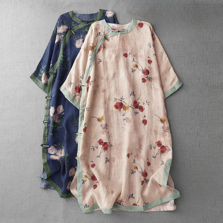 Buddha Stones Frog-Button Orchid Pomegranate Flowers Pattern Side Slit Design Half Sleeve Midi Dress - image 0