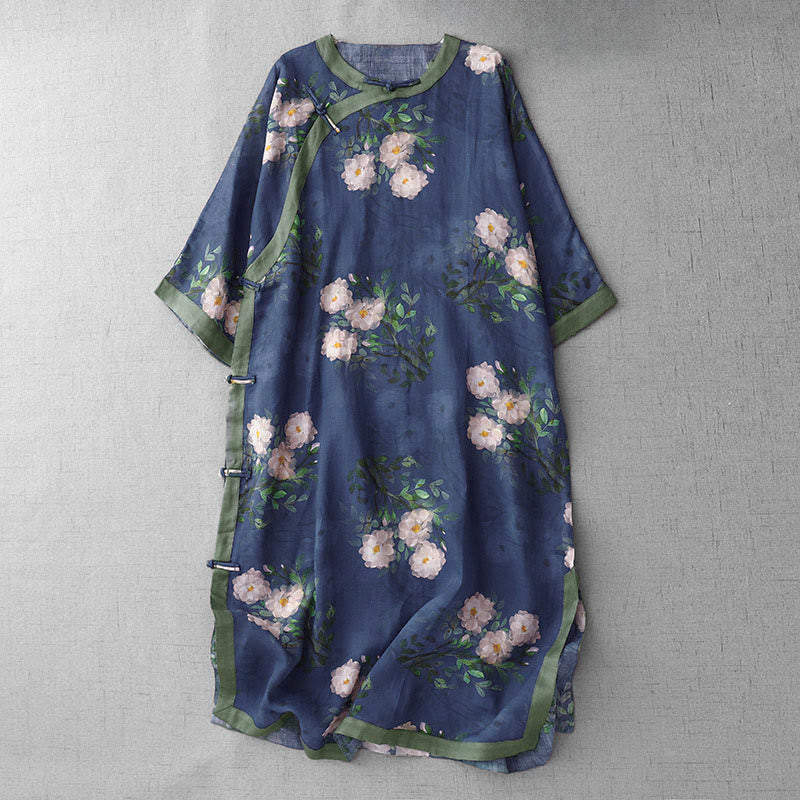 Buddha Stones Frog-Button Orchid Pomegranate Flowers Pattern Side Slit Design Half Sleeve Midi Dress - DarkBlue - US12，UK/AU16，EU44 (2XL) - image 12