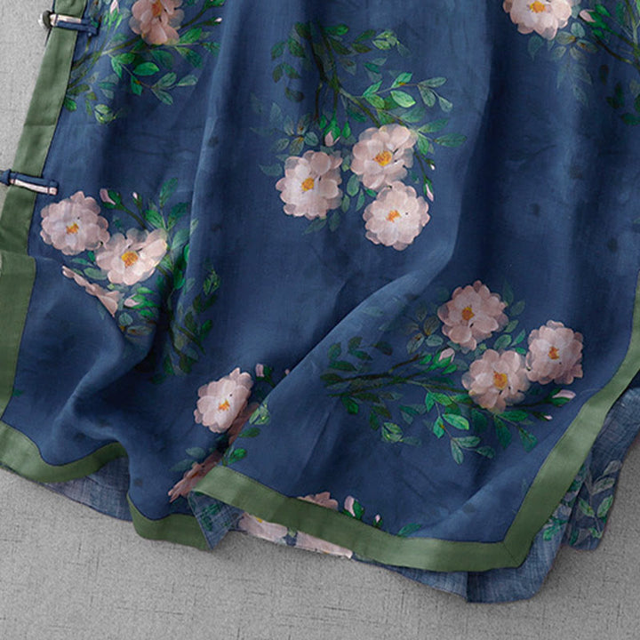 Buddha Stones Frog-Button Orchid Pomegranate Flowers Pattern Side Slit Design Half Sleeve Midi Dress - image 19