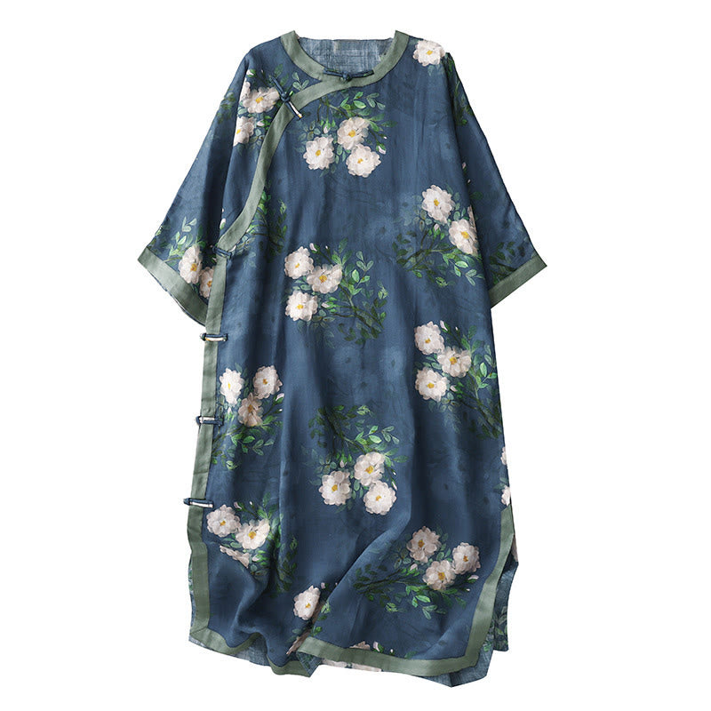 Buddha Stones Frog-Button Orchid Pomegranate Flowers Pattern Side Slit Design Half Sleeve Midi Dress - image 20