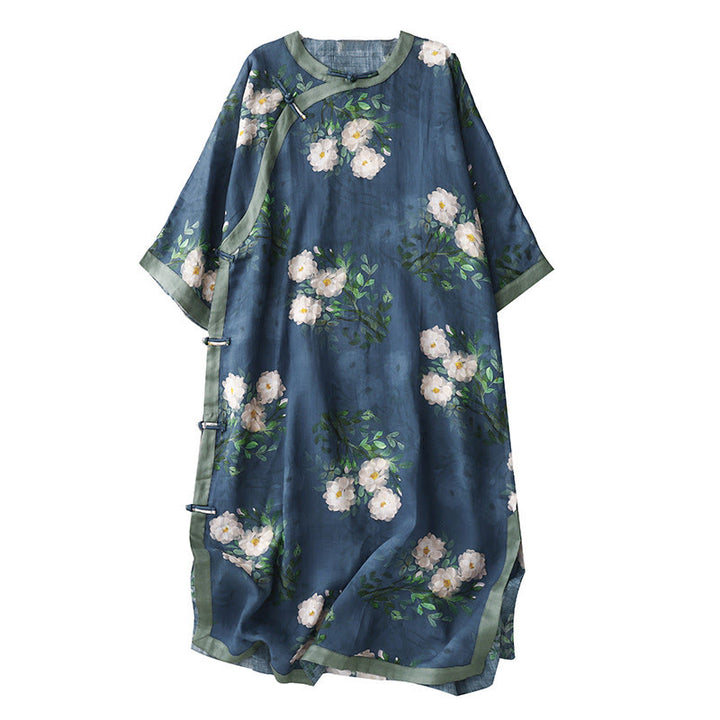 Buddha Stones Frog-Button Orchid Pomegranate Flowers Pattern Side Slit Design Half Sleeve Midi Dress - image 20