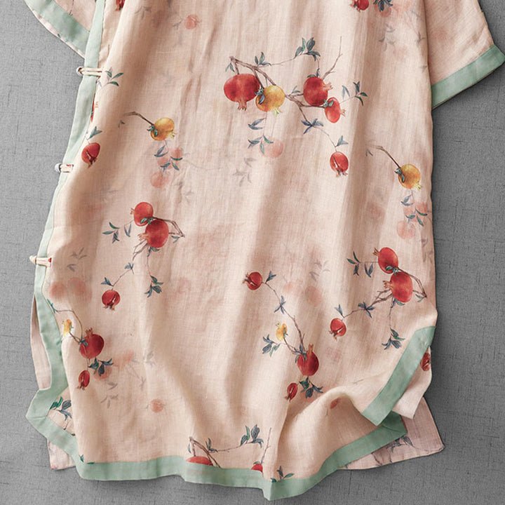 Buddha Stones Frog-Button Orchid Pomegranate Flowers Pattern Side Slit Design Half Sleeve Midi Dress - image 4